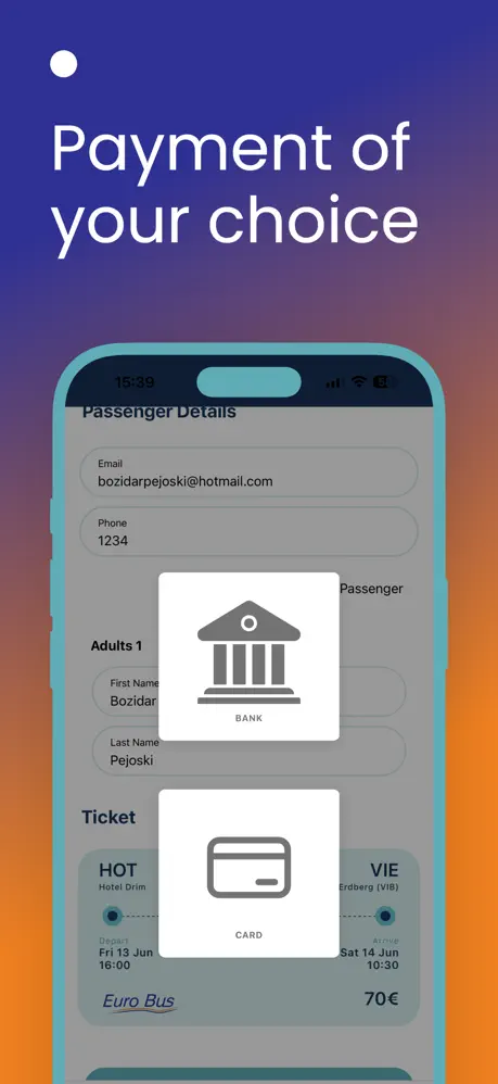 EuroBus mobile app bank and card payment options